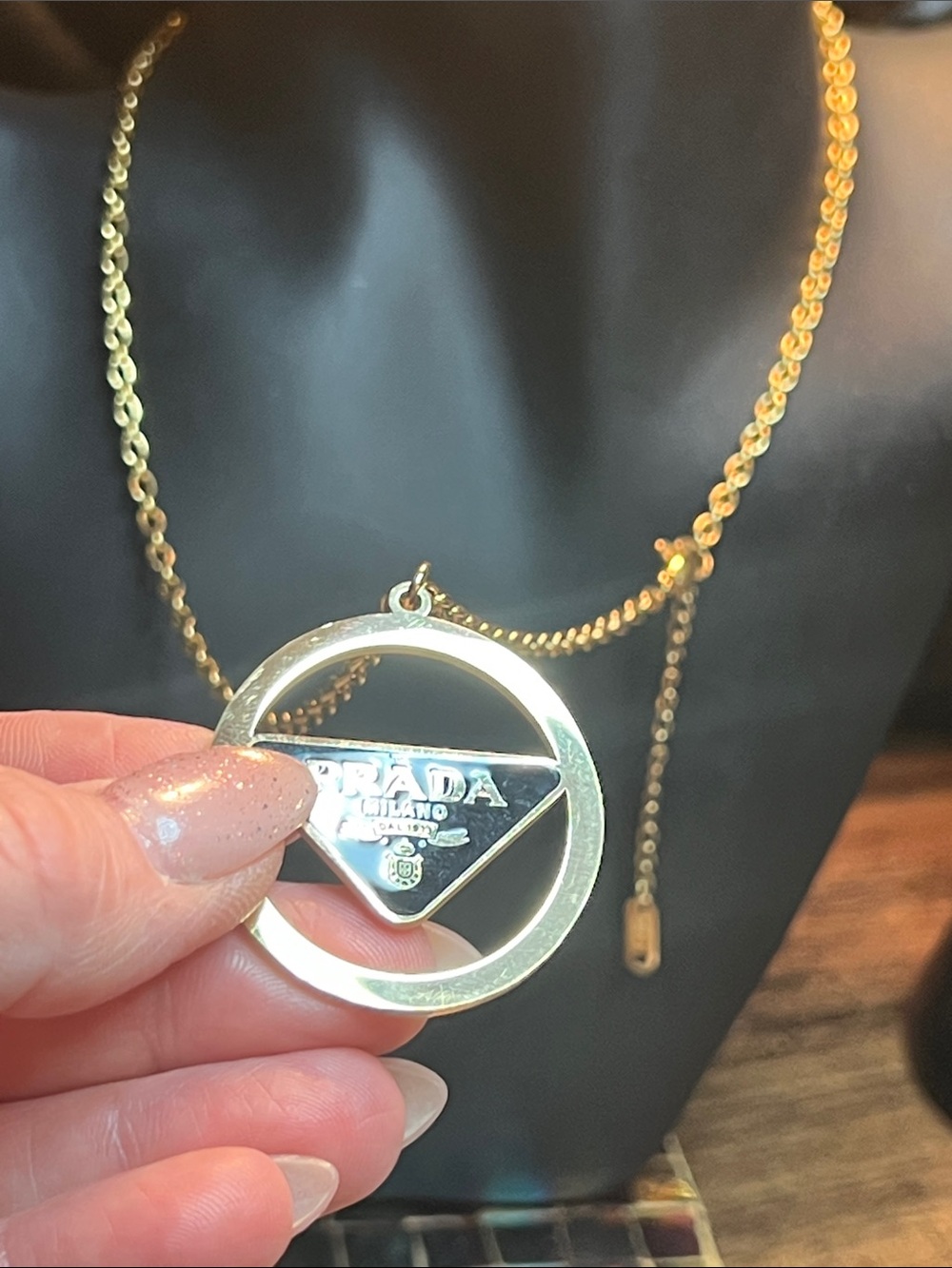 Up Cycled Gold-Tone Logo Circle Pendant Necklace with Black Enamel Triangle - Picture 5 of 6